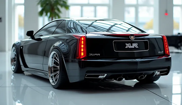 Back side view view of painted black clour with shiny clour 2025  Cadillac XLR  sleek in large shape sedan in large size with cadillac logo and with chrome steel clour accents on its large detailed grille in shiny white clour with angular sporty design cap...