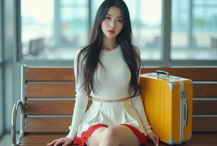 Prompt: portrait shot of a Beautiful thai girl sitting on a bench in an airport, looking at the camera, long straight black hair, she wears a white long-sleeved sweater. mini white skirt with red lace edge, pale pink colored sneakers, yellow suitcase on fl...