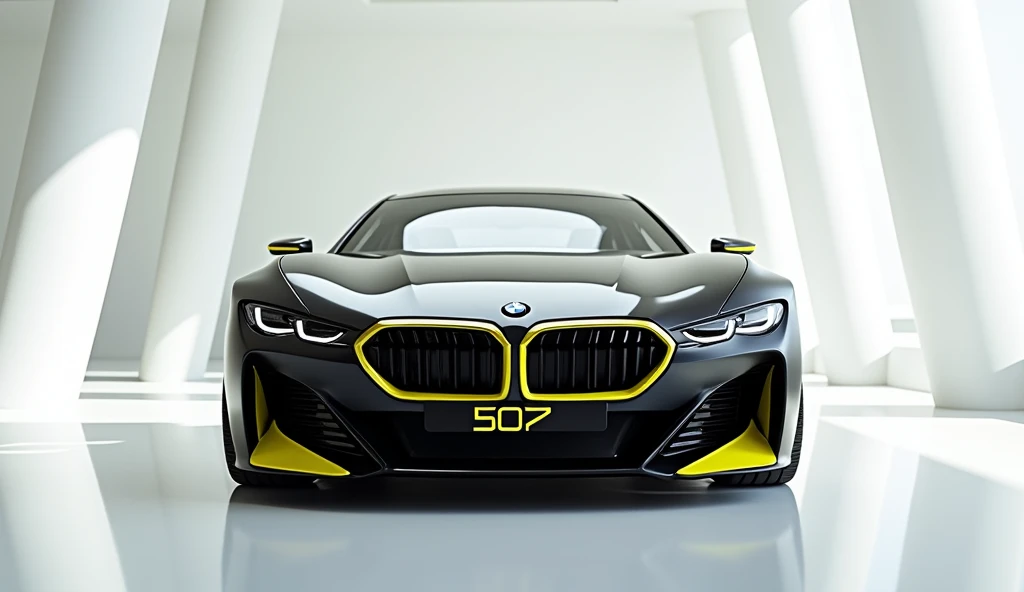 A captivating and futuristic image of the 
 2025 bmw 507 takes center stage in a luxurious white showroom. The car is painted in a striking vibrant Black hue, showcasing its Front, aerodynamic design Yellow bold accents that highlight the cutting-edge inno...