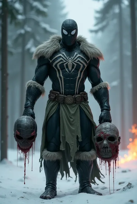 Create a scene of Spiderman character standing in a snowy forest .  The character wears intricate armor with fur detail . In one hand , He was holding Hulks severed head and his hands were covered in blood,  and his expression intense .  The atmosphere was...