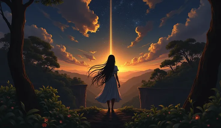 On a cliff, looking at a golden beam that is far away in the jungle coming from a tree, 1girl, Korean, Very Long Hair, Very Long Hair, Very Long Hair, From Behind, From Below, 