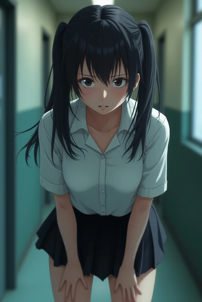 At school, girl, front, Black Hair,  twin tails、White shirt、Black mini skirt, Abusive, Super detailed, 4K、sweat、Body odor、Strong body odor、odor、Wet Skin、Cleavage、Flip up the skirt、Spread your legs、Beautiful legs、 white panties、Crotch