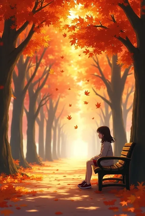 A beautiful arcade with trees autumn season maple leaves a girl sitting on a bench maple leaves 