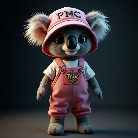 hyper realistic koala doll wearing one piece jumpsuit with white tshirt inside, TRIX letter on her nametag, bucket hat with PMC embroided on it, HD, dark background