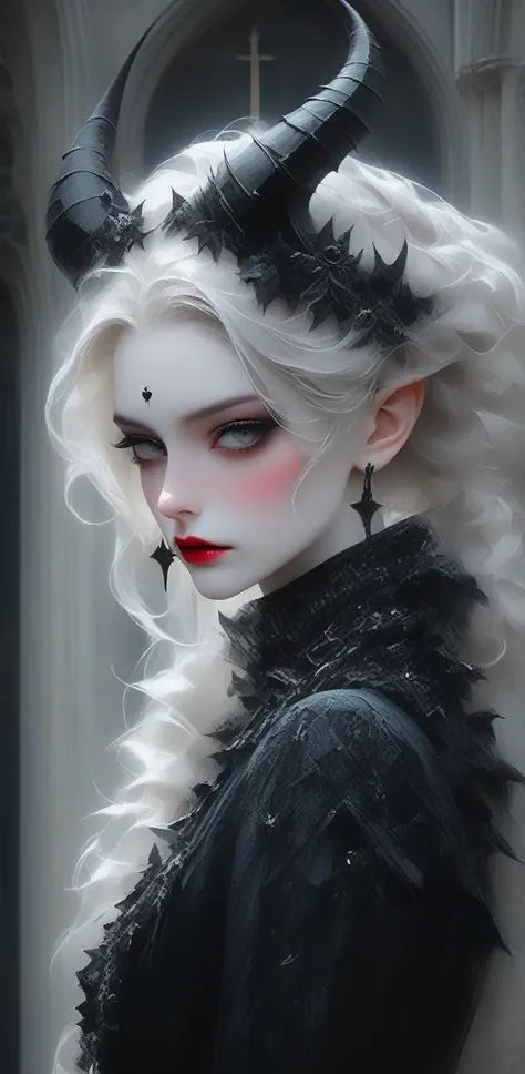 a girl with beautiful detailed eyes, stunning lips, and an extremely detailed face, wearing gothic punk fashion in a dynamic pose, horn, set against the backdrop of a cathedral, close-up shot, (best quality,4k,8k,highres,masterpiece:1.2),ultra-detailed,(re...