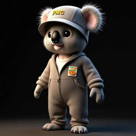 hyper realistic koala doll wearing one piece jumpsuit with white tshirt inside, TRIX letter on her nametag on the right side of her chest, bucket hat with PMC embroided on it, HD, dark background