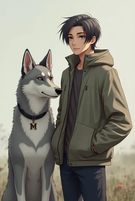 I draw a young man wearing a jacket with medium short hair that is on the side of a grey-haired wolf dog wearing a collar with a letter M hanging on it. 