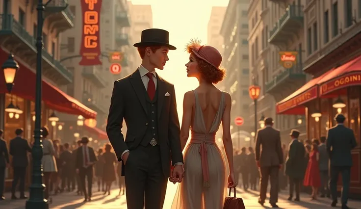  a young redhead guy 25 years old in 1920 clothes are walking down a busy street, they are holding hands and in love .