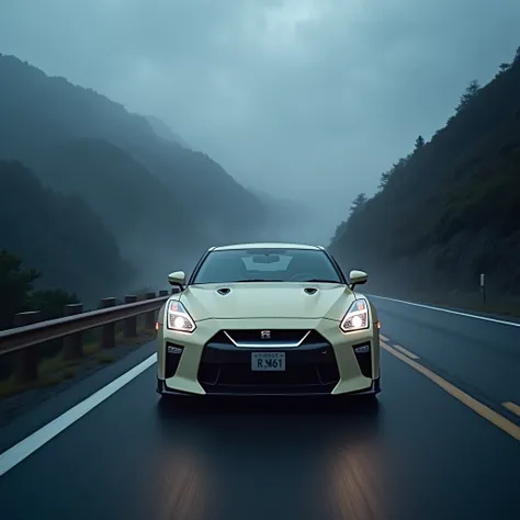 2018 Nissan GTR , cream-colored,  drives along Japans winding toga road, Night,  sky is covered with clouds , fog