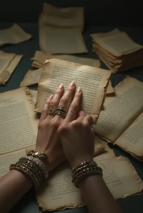 A hand with jewelry on it is holding an old crumpled piece of paper with someones information on it, on the table are many other pieces of paper