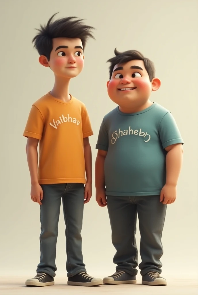 Generate an image of two teenagers they both dont have any facial hairs and they both are fatty and they are standing together like friends and one is taller and one is shorter a little bit and on the taller ones tshirt there should be written Vaibhav and ...