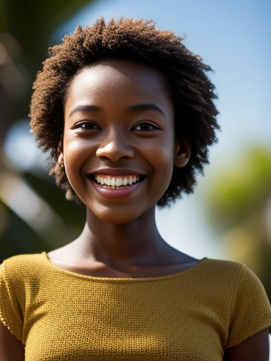 A waist-high portrait of an african girl, smiling with open hands, with wavy short hair, natural skin texture, 4K textures, HDR, intricate, highly detailed, sharp focus, hyper-detailed