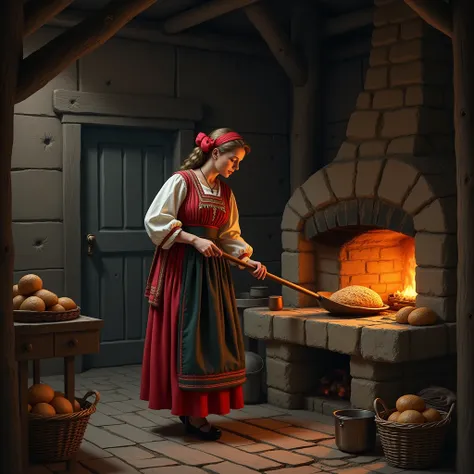  Russian village, 19th century , inside a 19th century hut  , , a woman in a Russian folk dress prepares bread on the oven, ставит с помощью лопата хлебная кладет каравай в русскую надродную bake, to build a , cellar,bake, votorealism ,russia 19th century ...