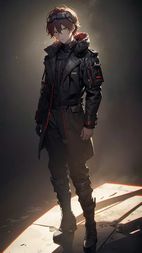 1 man, 30 years old, standing full body shot:1.4, red hair, green eyes, cheerful laugh, pilot jacket, pilot goggles on his head, military boots, detailed facial features, intricate clothing textures, natural lighting, high quality, photorealistic, 8k, ultr...