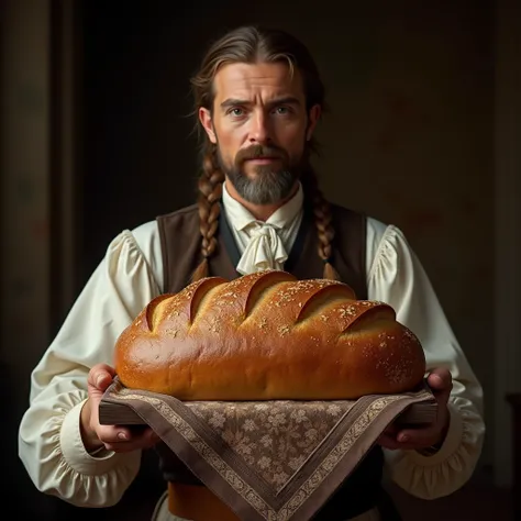  19th century, ("serves bread salt ") holds a large loaf of bread in front of him on a beautiful towel ,close angle,photorealism, braided braid,beautiful appearance ,photorealism,