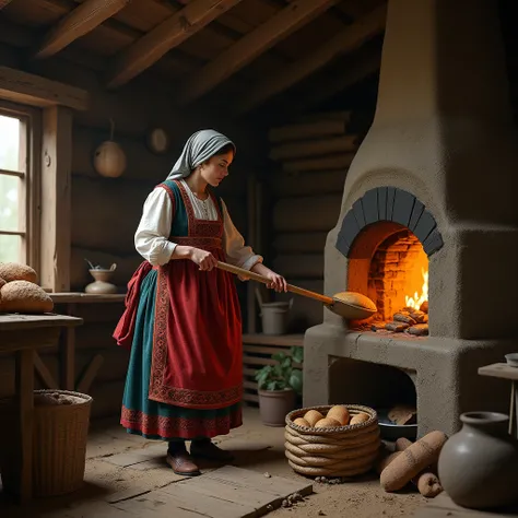  Russian village, 19th century , inside a 19th-century Russian wooden peasant hut  , , a woman in a Russian folk dress prepares bread on the oven, ставит с помощью лопата хлебная кладет каравай в русскую надродную bake, to build a , cellar,bake, votorealis...