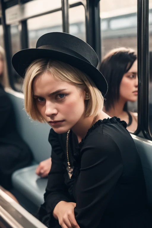 19th century, 1899, a woman, catholic, sad, black dress, blue eye, short hair, blonde, black round hat, sit, in an early train, crowd, gloomy, german
