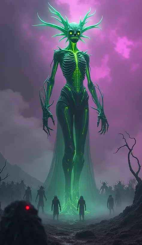 ((A towering alien zombie queen with translucent skin, glowing green veins pulsing beneath, stands on a bio-punk wasteland.)) Her long, razor-sharp tentacles extend as she commands an army of grotesque undead alien minions. The sky burns in a toxic purple ...