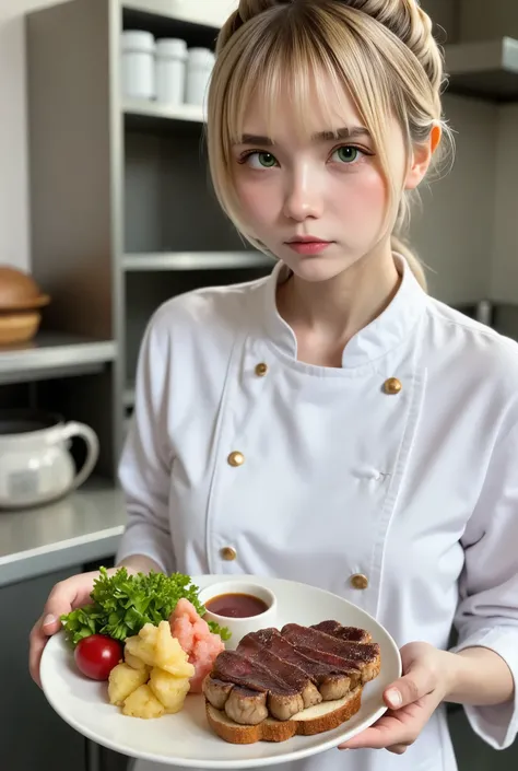 (((extra thick bucket)))、Open sandwich with beef steak、extra thick bucket、 French Potato Garnish、Green salad、REFORT CREAM 、 the girl who cooks、The goddess cooks 、 serious look、Looking at the ingredients 、Chef&#39;s coat、 very clean kitchen