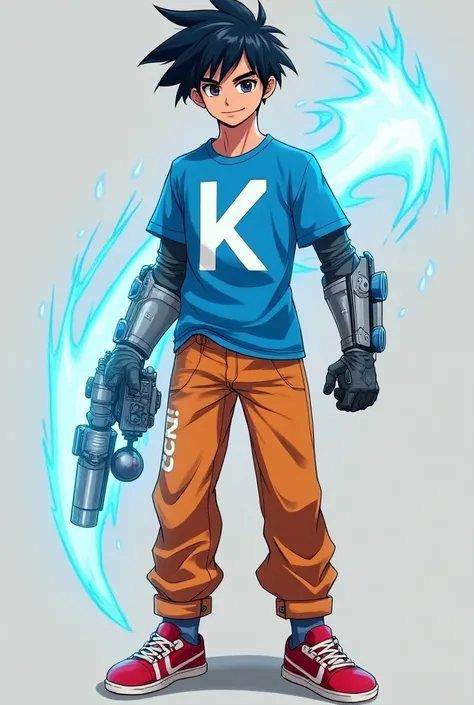 .A Teenage Desi anime guy with a blue electric power. He wears a blue t-shirt with a white letter K printed at the center of his shirt. He has black hair and wears red shoes with a white strip design. He also wears orange jeans. He has a one steel arm blas...