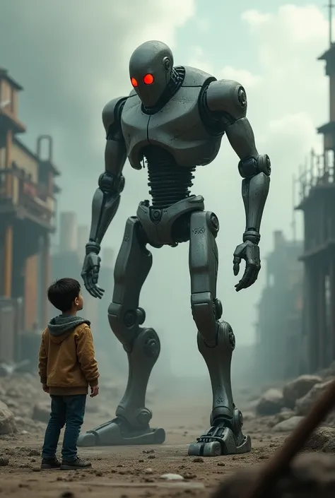 A robot pointing gun at a boy