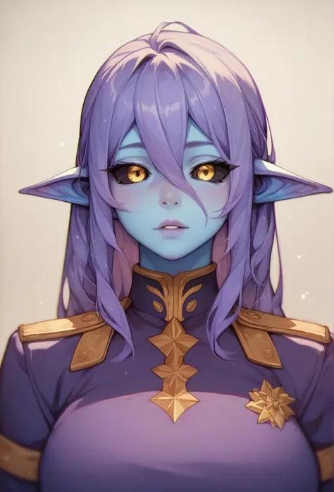  plump woman、Blue Skin、long light purple hair 、hair between eyes 、voluminous hair 、black sclera、Yellow Eyes、Purple Uniform、Best Quality,  highest resolution , （illustration style）