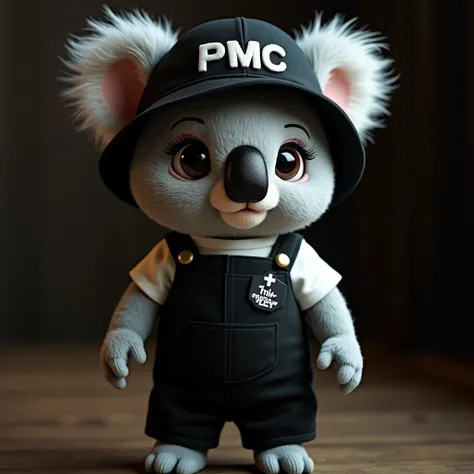 hyper realistic koala doll wearing one piece black jumpsuit with white tshirt inside, waiter costume with TRIX letter on her nametag on the right side of her chest pinned on the jumpsuit, black bucket hat with PMC embroided on it, HD, dark background, long...