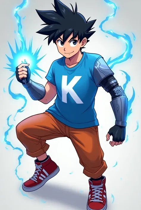 .A Teenage Desi anime guy with a blue electric power. He wears a blue t-shirt with a white letter K printed at the center of his shirt. He has black hair and wears red shoes with a white strip design. He also wears orange jeans. He has a one steel arm blas...