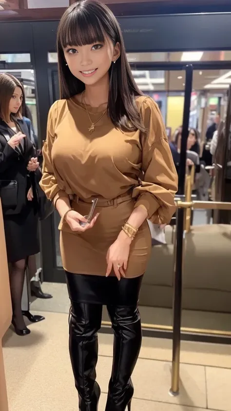 ( Stiletto Knee High Heels Boots)、( Micro Pencil Skirt 、Long sleeve blouse)、One woman, 23 years old、 short hair、Bronze Hair、Medium breast、Slender body、 Tight Stomach Circumference 、Abundant Waist 、Long legs、Straight face、 bracelet、Earrings、necklace、 Commut...