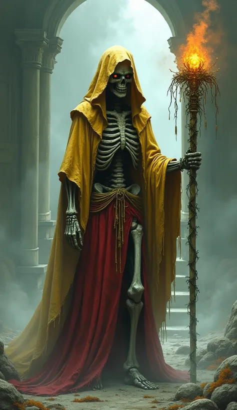 ((An ancient zombie priestess)), dressed in a tattered robe made from gold and crimson fabrics, stands in a fog-shrouded, forgotten temple. Her skeletal face, with decaying flesh clinging to the bones, is partially hidden by a ceremonial mask. In her hands...