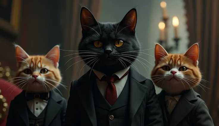 Cats grandparents , including the black fur Victorian cat wearing formal suit and pant , begins to cry uncontrollably.