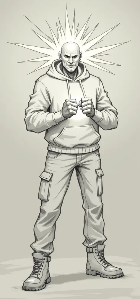 A sketch-like drawing of a humanoid figure in casual clothes, with a hoodie and pants, standing confidently. The figures head is a burst of light or an explosion of energy with sharp, radiant lines extending outward and a flame in the center of the head. T...