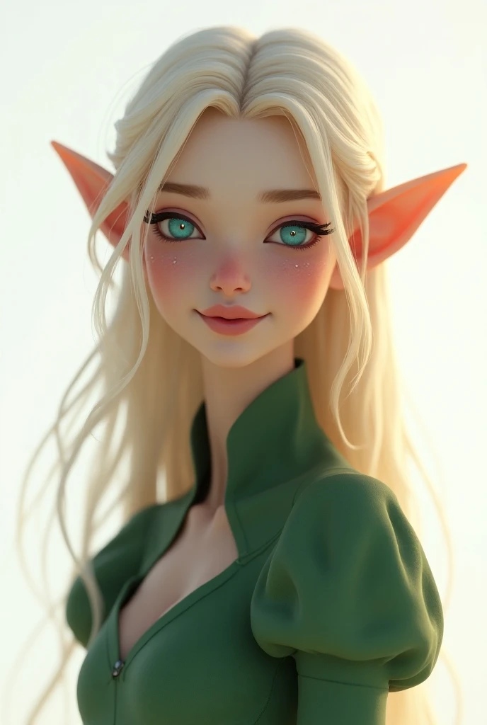 Super realistic, Detailed Photograph, Cinema 4D rendering, 1 Androgynous skinny Elf, Feminine face, solo, upper body, A small-sized elf is looking at the viewer and smiling with mouth open. long blonde hair, Azure eyes. green short puff sleeve cropped shir...