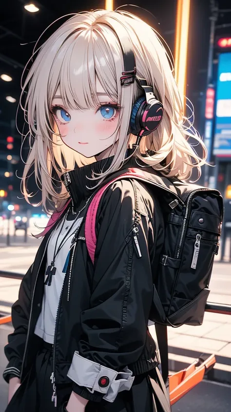 (Masterpiece:1.4)、(Highest quality:1.4)、Anime girl with headphones and backpack looking at cell phone, Anime style 4k, (Very delicate and beautiful face), (Beautiful eyes in every detail), デジタルAnime Art, Nightcore, Digital anime illustration, Anime Art, Su...