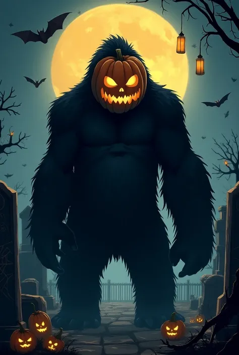  Draw 1 ghostly black furry gorilla in the night hallawen head made of pumpkin,  around are tombstones , Bats ,  spider webs drawings 2d anime style japanese manga comics 