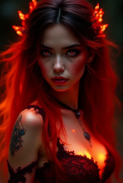 Upper body shot, a female fire fairy with fiery red skin, ethereal and unreal appearance, (Fire Red Skin: 1.4), red eyes, red/black hair, natural obsidian ornaments, complex fantasy character