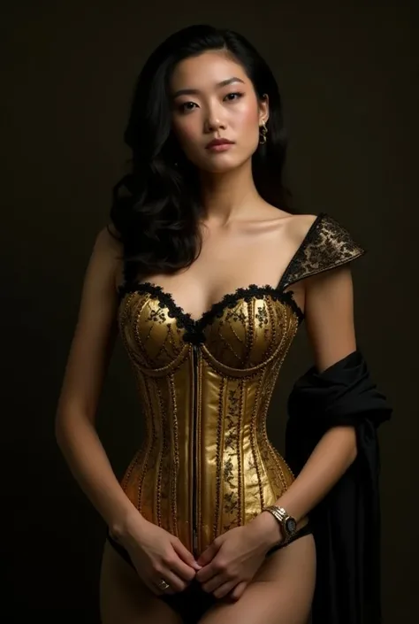 Create a gold corset with black details with sleeve on one side of the arm, with details on the neck  