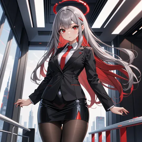 masterpiece, highest quality, highest resolution, clear_image, detailed details, gray hair, long hair, 1 girl, red eyes, red futuristic halo, black office jacket, black silk mini pencil skirt, black pantyhose, no water marks,