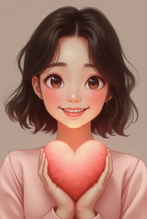 a brunette woman with slightly wavy hair smile on her face with a plush heart in her hand 