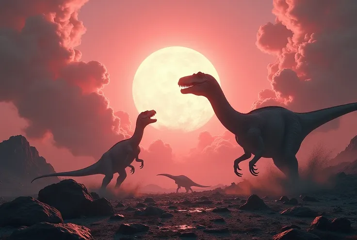 /imagine prompt 4: A captivating photograph that captures the moment when the Dinosaurs met their end, captured by a leading science photographer. The scene is surreal; with a pinkish-gray sun illuminating the sky, casting an eerie glow on the devastated l...