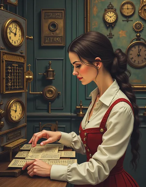 A cinematic color pencil illustration of the Victorian Steampunk Gorgeous Female Computer Punchcard Program Engineer making a punch card With keypuch machine to programs clockwork machine to work, insanely detailed and intricate, sharp and clear, volumetri...