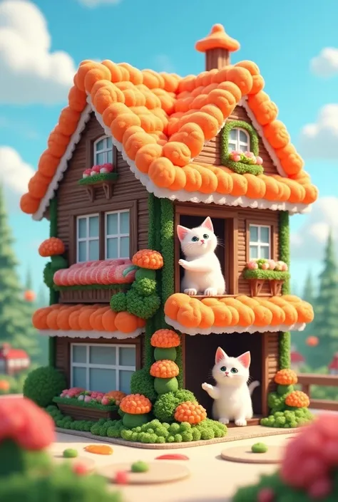 A house made of sushi、 Anime style 、Accuracy、2-storey building
3 kittens come out of this house