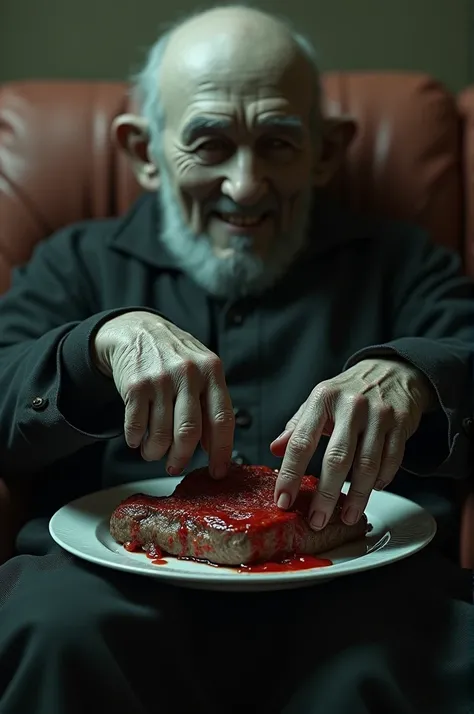 One of the hands of an old masked man is sitting on a couch with an injured hand and the other hand is eating a steak