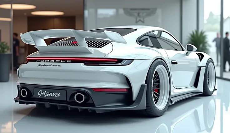 Create a ultra detailed 3d render, close back view  modern  2025 porsche 911 gt3 with bold design with "Gleamy white " colour with a "porsche" logo on its back with a large white detailed grille . the taillights" and with wide expended body “in glossy whit...