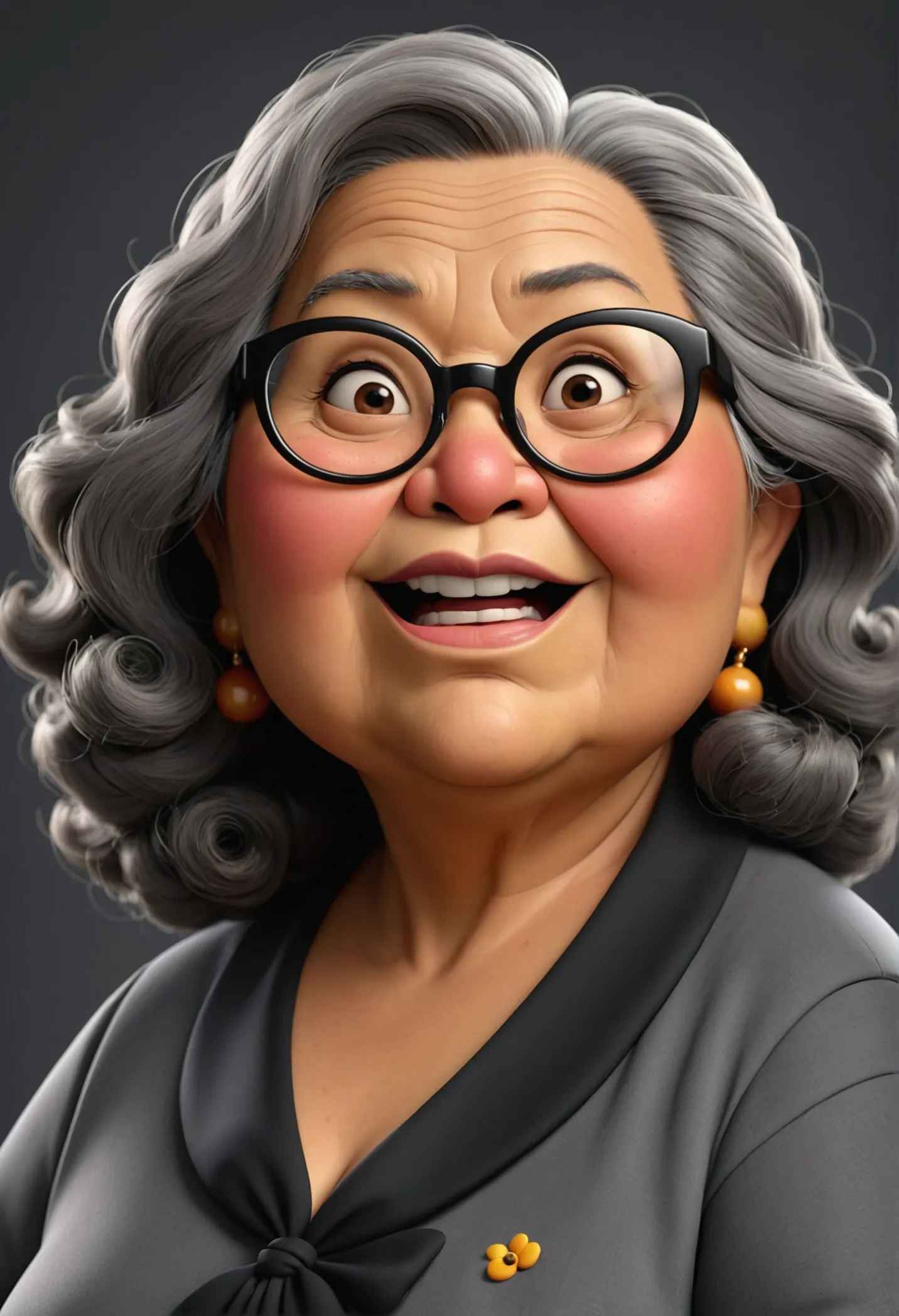 cartoon, 3d, Pixar style, Malaysian fat old woman, 4, black wavy shoulder length hair, thick lips, light black eyes, wearing black round glasses, fat nose, grey blouse, dark background, friendly face,