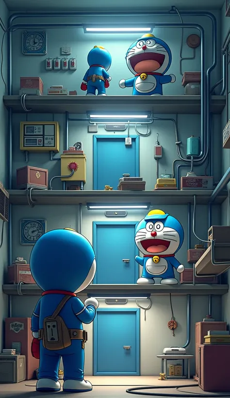 At the building, Doraemon wearing a blue electrician outfit discovered a short circuit in the electrical system from the basement to the upper floors 3d