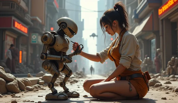 Extremely beautiful lady With a sharp gaze and short with bra, her boobs are extremely large sized, and round ass, bust 90 waist 50 hip 100, and round ass, and thick thighs. tousled hair, she is fixing a damaged droid robot in the corner of bustling street...