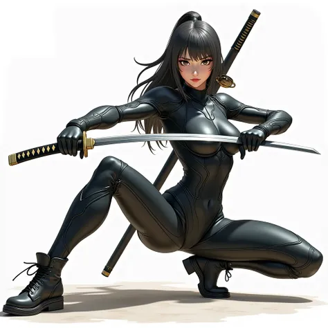 a ninja girl, tight-fitting techsuit, beautiful cute face, perfect body, well-fed body, thin waist, small breasts, dynamic semi-sitting pose, holding a katana sword, anatomically correct, black background, (best quality,4k,8k,highres,masterpiece:1.2),ultra...