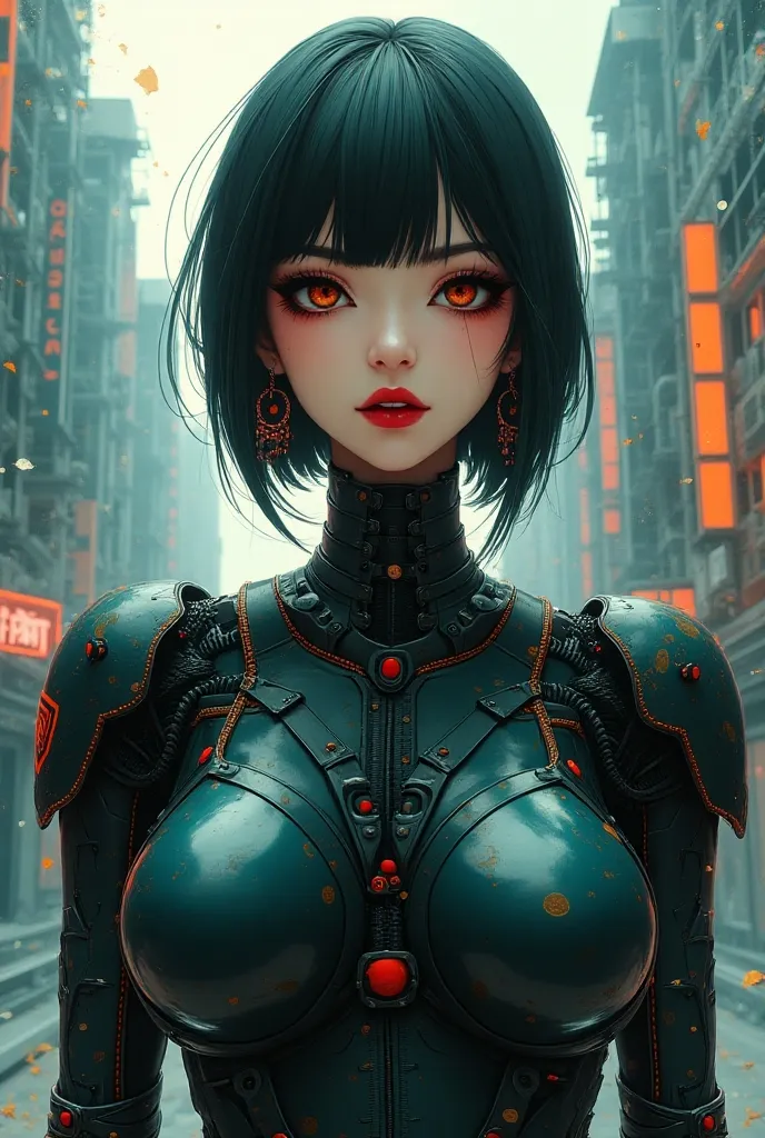 a cyberpunk goth female robot, short straight-cut bob, dark eyeshadow, red lips, make-up, earrings, power armour, front view, mythp0rt, mad-cbrpnksplshrt, paint splashes, teal and orange,gigantic breasts
 anime, cyberpunk