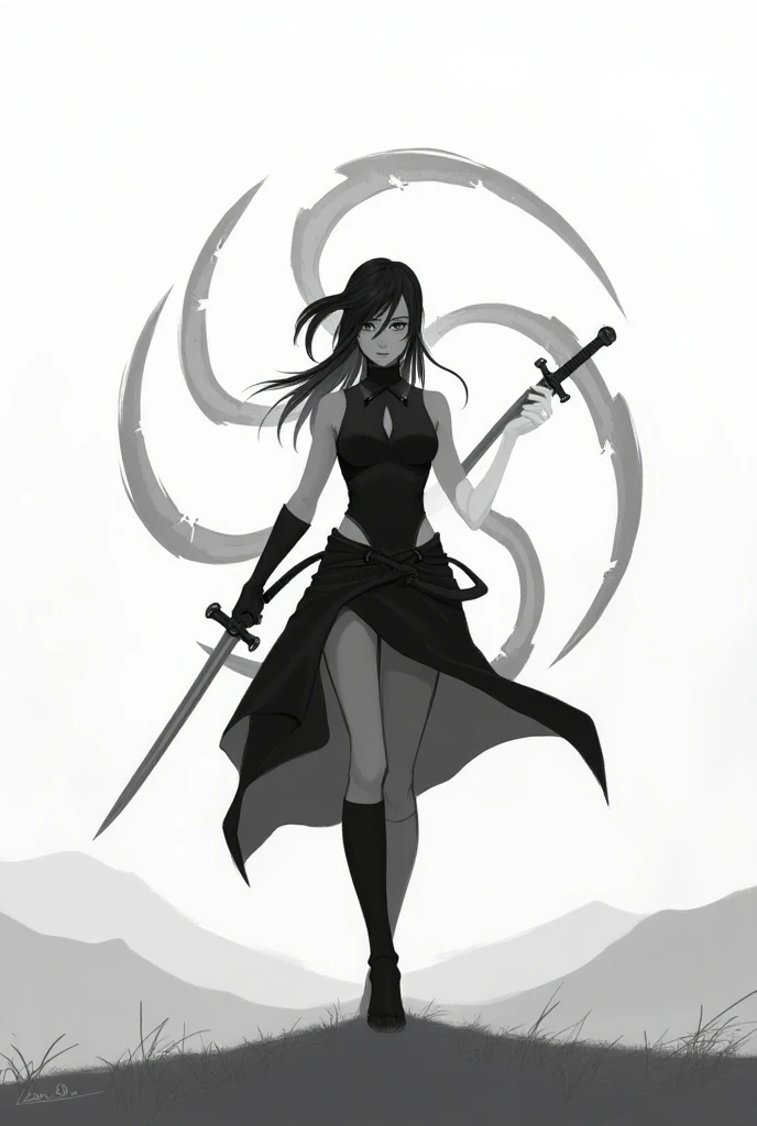  une version du personage irelia de legue of legend dans un style noir et blanc un sabre dans chaques mains et huit morceaux de lames qui tournes autour d’elle avec un paysage simple